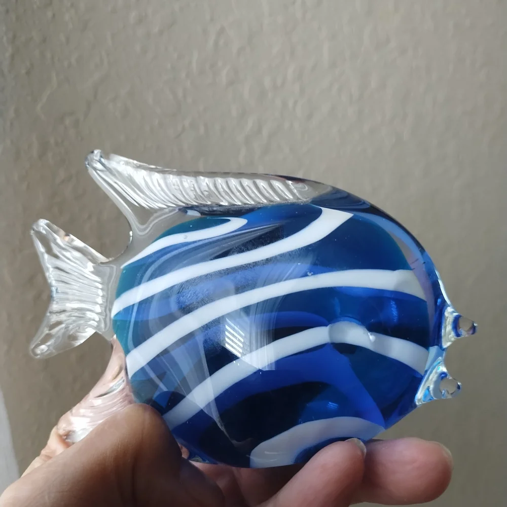 Murano Style Beautiful Paperweight Fish Blue and White Glass Fish Figurine